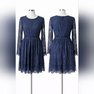 Women's Navy Lace Long-Sleeve Fit & Flare Dress